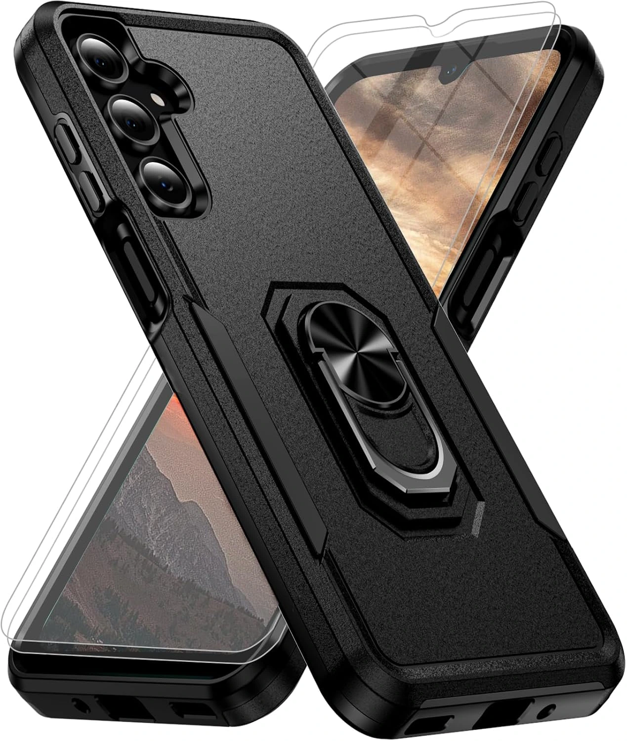 Samsung Galaxy A17/A26 5G Phone Case with 2X Tempered Glass Screen Protector, Heavy-Duty Shockproof Magnetic Kickstand Case (Black)