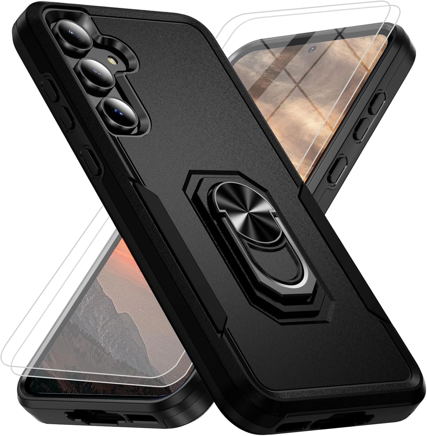 Samsung Galaxy A37 5G Phone Case with 2X Tempered Glass Screen Protector, Heavy-Duty Shockproof Magnetic Kickstand Case (Black)