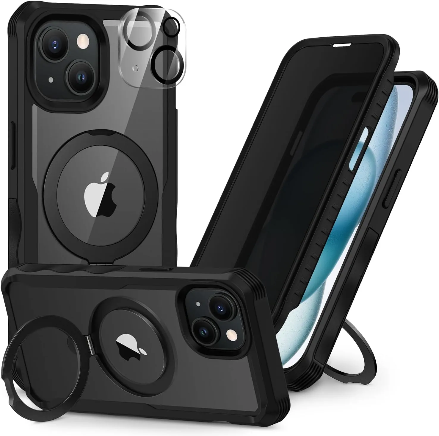 Apple iPhone 15 Case with Kickstand Built in Screen Protector [Compatible with Magsafe] (Black)