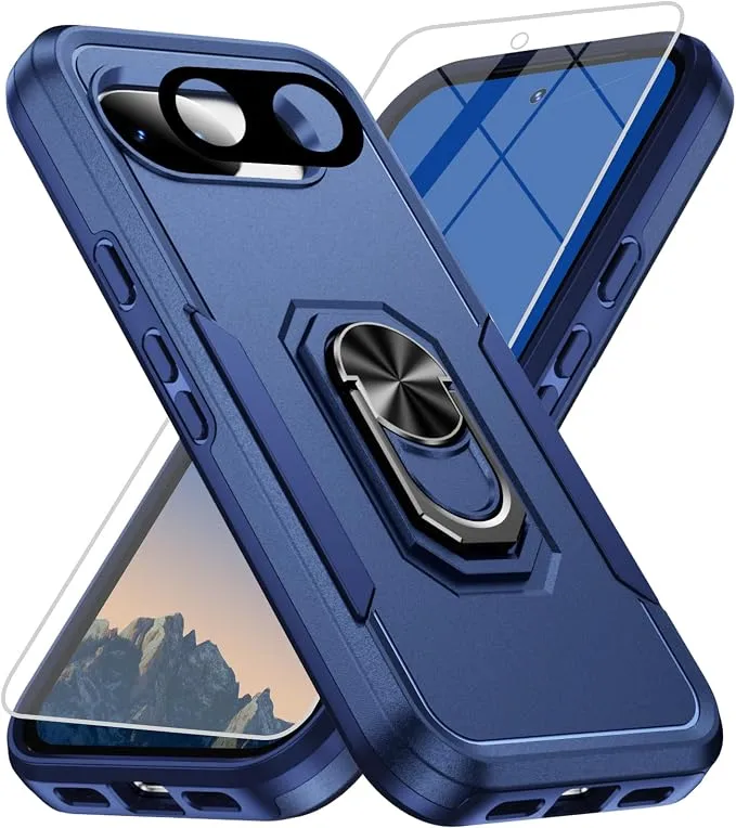 Google Pixel 10a Case with Screen Protector & Lens Protector Heavy-Duty Shockproof Kickstand Case (Dark Blue)